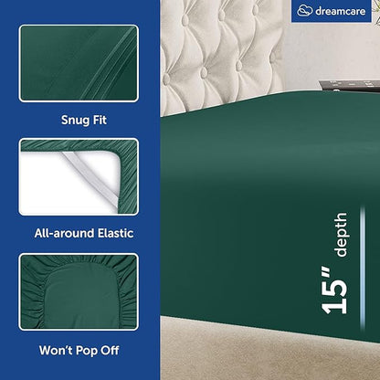 DREAMCARE King Size Sheets Set - Cooling Bed Sheets - 4pcs Set - up to 15" Deep Pocket King Sheet Set – Soft & Long Lasting Cooling - 100% Fine Brushed Microfiber with Side Pocket - Emerald Green