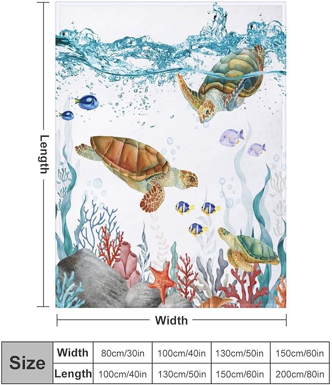 Sea Turtle Throw Blanket, Teal Blue Ocean Underwater Animal Starfish Fish Nautical Coastal Theme Fleece Flannel Blanket for Couch Sofa Bedroom Adults Kids, 60"x80"