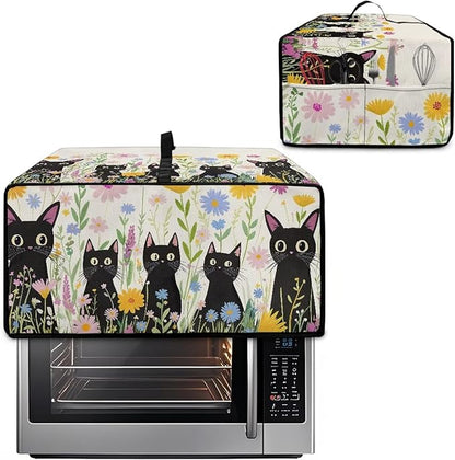 Countertop Microwave Oven Cover with Side Pockets, Dust Protection Small Appliance Toaster Ovens Dust Cover, S, 14.5 x 18.5 x 9 Inches, Cartoon Black Cat Daisy Flower
