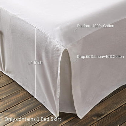 BISELINA French Linen Bed Skirt Split Corner with Button 14-Inch Tailored Drop Natural Flax Cotton Blend Basic Dust Ruffle Soft Cozy (14" King,Button White)