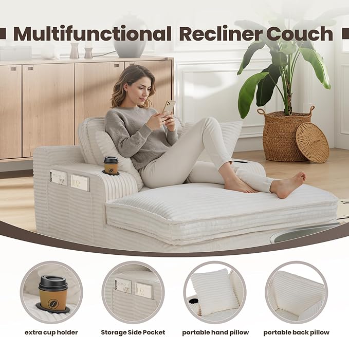 67" Chaise Lounge Chair Indoor, Cozy Oversized Fluffy Sofa with Cup Holders & Throw Pillows, Boneless Sleeper Cloud Couch for Living Room, Movie Room and Apartments, Beige