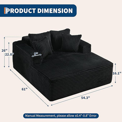61" Oversized Chaise Lounge Chair Indoor, Boneless Couch Cloud Fluffy Chaise Lounges Corduroy Upholstered Sofa Bed w/Throw Pillows for Living Room Home Black