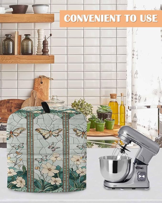 Butterfly Flowers Stand Mixer Dust Cover with Storage Pocket & Handles, Fits All Tilt Head & Bowl Lift Retro Glass Chinese Screen Kitchen Appliance Cover Organizer Botanical Bag Accessories, 6-8 Quart