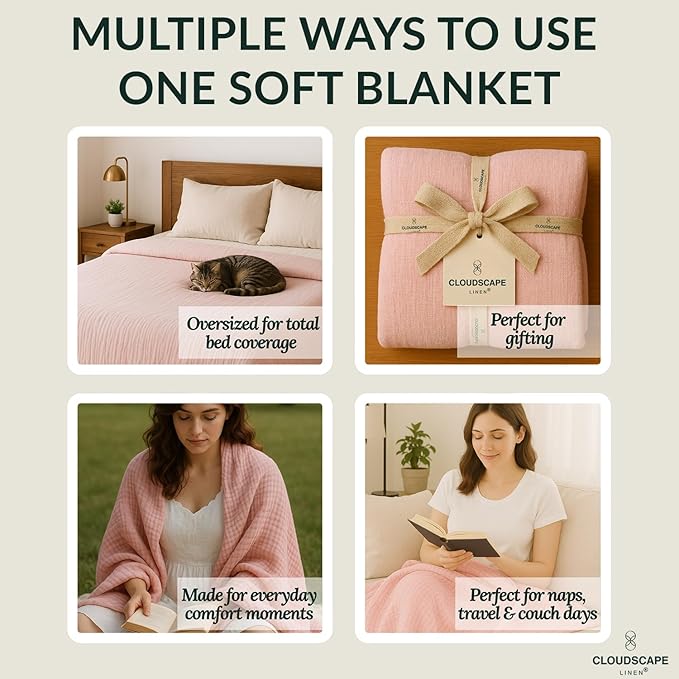 Cloud Scape Linen Extra Large 4 Layer Muslin Throw Blanket - 100% Cotton Gauze, Lightweight & Breathable All Season, Pre-Washed, for Couch & Bed, 50x70, Seashell Pink