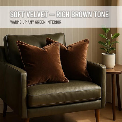 2 Pack Velvet Decorative Throw Pillow Covers, 20"x20", Brown and Camel, Solid, Modern, Contrast Piping, Indoor Use, Bedroom & Living Room