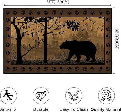 Rustic Area Rug 3x5,Bear Country Cabin Wildlife,Ultra-Thin Washable Throw Carpet Brown Rugs for Bedroom Indoor Vintage Rugs Non Slip Accent Floor Carpets for Bedside,Entryway,Living Room,Office