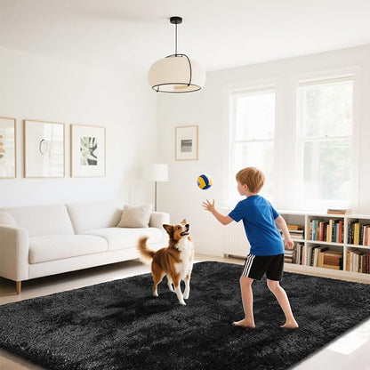 Fluffy Rug Shaggy Area Rug, Black 9x12 Area Rugs for Living Room, Large Shag Area Rugs for Bedroom Kids Room Home Decor, Upgrade Anti-Skid Rectangular Fuzzy Rugs