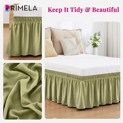 RIMELA Sage Green Bed Skirt Twin Size 15 Inch Drop, Elastic Bed Skirting for Bed Base and Frame, Bedding Dust Ruffle Easy to Install, Wrap Around Adjustable Bedskirt