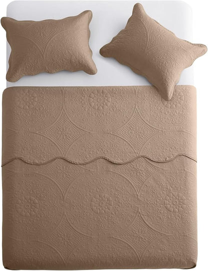 IR Imperial Rooms Twin Quilt Bedding Set Size (68” x 86”) + 1 Pillow Shams (20” x 26” + 2”) - 2 Pcs All Season Lightweight Reversible Microfiber Coverlet Floral Embossed Quilt Bedspread (Beige)