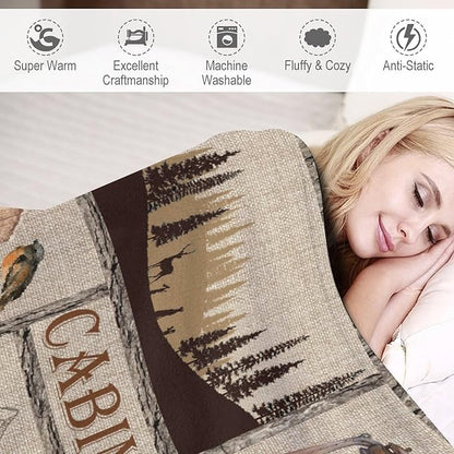Rustic Cabin Bear Blanket, Lake Country Lodge Bear Deer Forest Farmhouse Camp Print Soft Warm Cozy Lightweight Decorative Blanket for Couch Bed Sofa Travel, 60"x80"