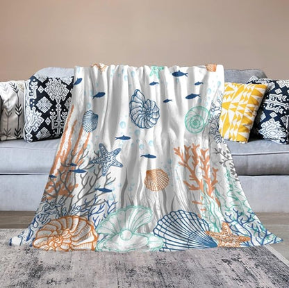 Nautical Coastal Blanket, Starfish Seashell Coral Beach Themed Drapes Ocean Orange Blue Teal Conch Print Throw Blankets for Sofa Couch Bed Room Birthday Decor, 60"x80"