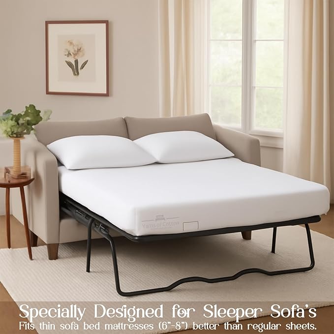 Sleeper Sofa 4 Piece Bed Sheet Set Premium Quality 100% Cotton 500 Thread Count, Smooth & Super Soft Sateen Weave, Extra Soft Bed Sheets, Wrinkle Free, 8 Inch Deep Pocket (Full, White)