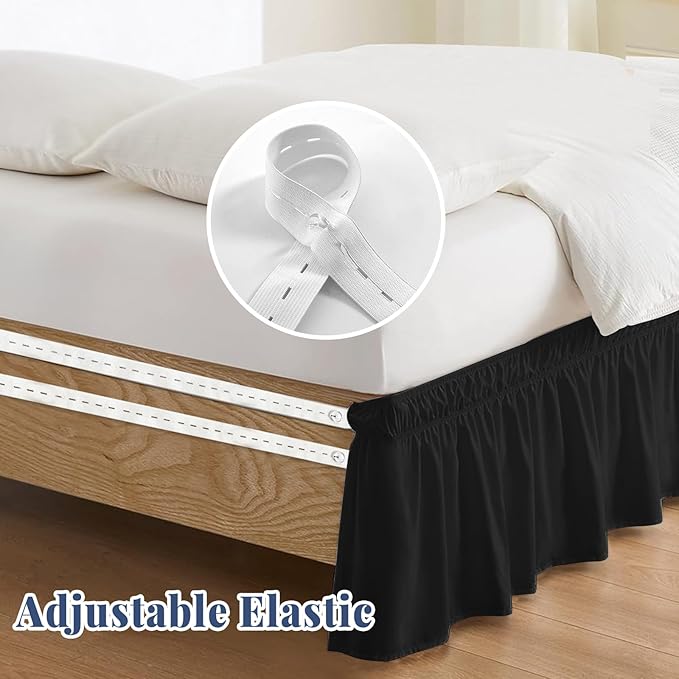 Queen Bed Skirt, Elastic Wrap Around Bed Skirt Queen Size, Bed Skirts for Adjustable Bed, Easy Fit with 14" Drop Length Tailored Drop Dust Ruffle (Black)