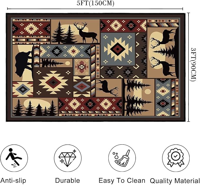Rustic Rug for Bedroom,Cabin Wildlife Area Rug 3x5 Throw Carpet,Buffalo Plaid Bear Moose Deer Country,Ultra-Thin Washable Kitchen Rugs Indoor Entryway Rug Non Slip Floor Carpets for Living Room,Office