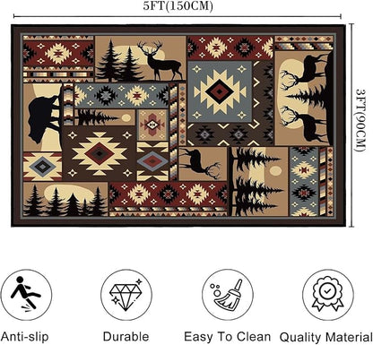 Rustic Rug for Bedroom,Cabin Wildlife Area Rug 3x5 Throw Carpet,Buffalo Plaid Bear Moose Deer Country,Ultra-Thin Washable Kitchen Rugs Indoor Entryway Rug Non Slip Floor Carpets for Living Room,Office