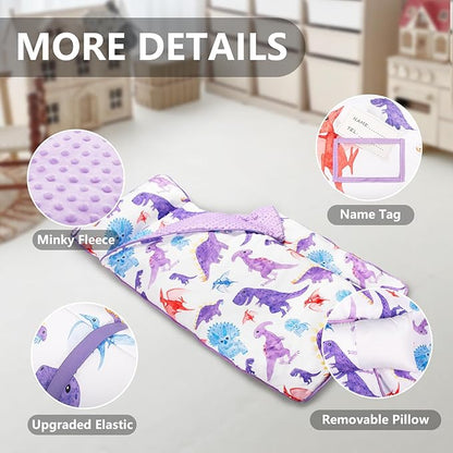 Primlect Thickened Toddler Nap Mat with Removable Pillow and Minky Blanket, Extra Large 55''x35'' Sleeping Bag, Washable, Roll up, Perfect for Daycare, Preschool, Kindergarten, Boys and Girls Dinosaur