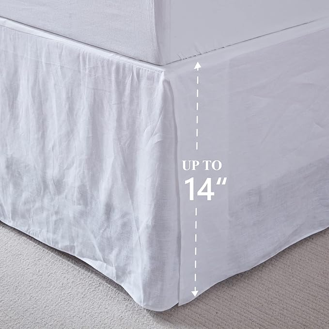 Simple&Opulence Belgian Linen Bed Skirt with Classic 14 inch Tailored Drop Dust Ruffle, Easy Fit Breathable Premium Natural Flax- Basic White, Twin