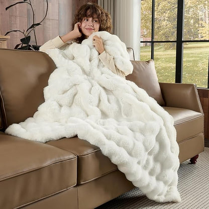 Lotus Karen King Size Faux Fur Blanket Cream White - Big Bubble Rabbit Fluff Throw for Bed Large Fluffy Fuzzy Cozy Thick Furry Plush Shaggy Blankets 108x90 Inches
