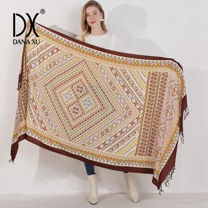 DANA XU 100% Merino Wool Pashmina Shawl for Women 96"x43", Oversized Cashmere Wrap with Tassels, Floral Travel Blanket Cape