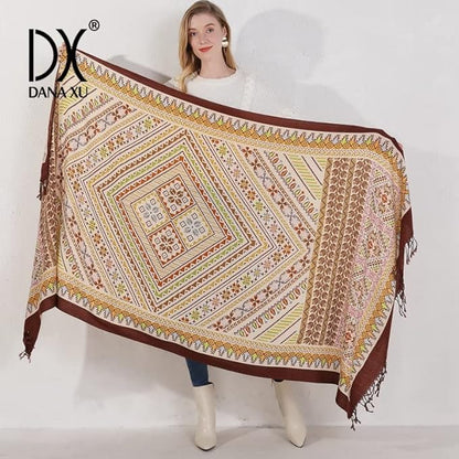 DANA XU 100% Merino Wool Pashmina Shawl for Women 96"x43", Oversized Cashmere Wrap with Tassels, Floral Travel Blanket Cape