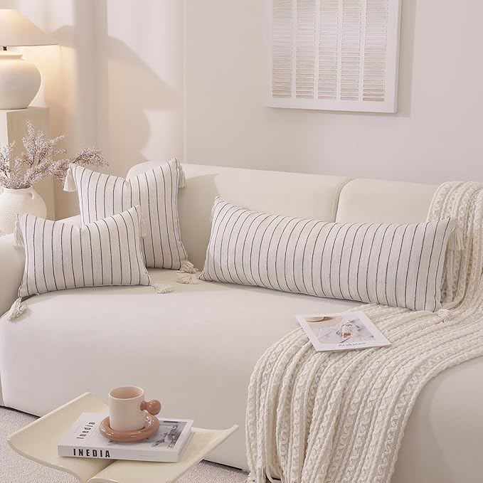 Boho Lumbar Pillow Covers 14x36 Inch Long, Textured Linen Striped Cushion Covers with Tassels, Soft & Cozy Farmhouse Decor Pillow Cases for Sofa Couch Living Room, (Dusty Blue,(Pack of 1))