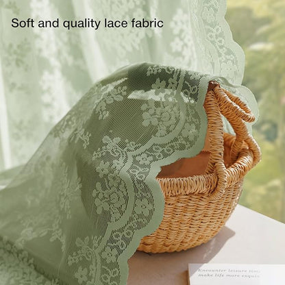 Anmao Vintage Lace Kitchen Curtains 24 Inches Long 2 Panels, Romantic Semi Sheer Floral Over Sink Lacy Cafe Curtain, Elegant Window Short Small Drapes, 55W x 24L, Sage Green