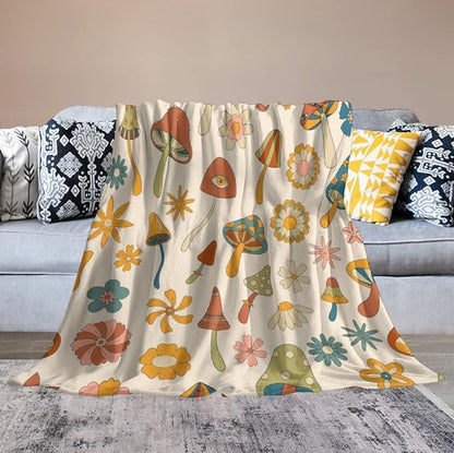 70s Mushroom Throw Blanket, Retro 60s Groovy Mushroom Boho Hippie Flowers Print Blanket for Kids Baby Bedroom Sofa Holiday Decor 40"x50"