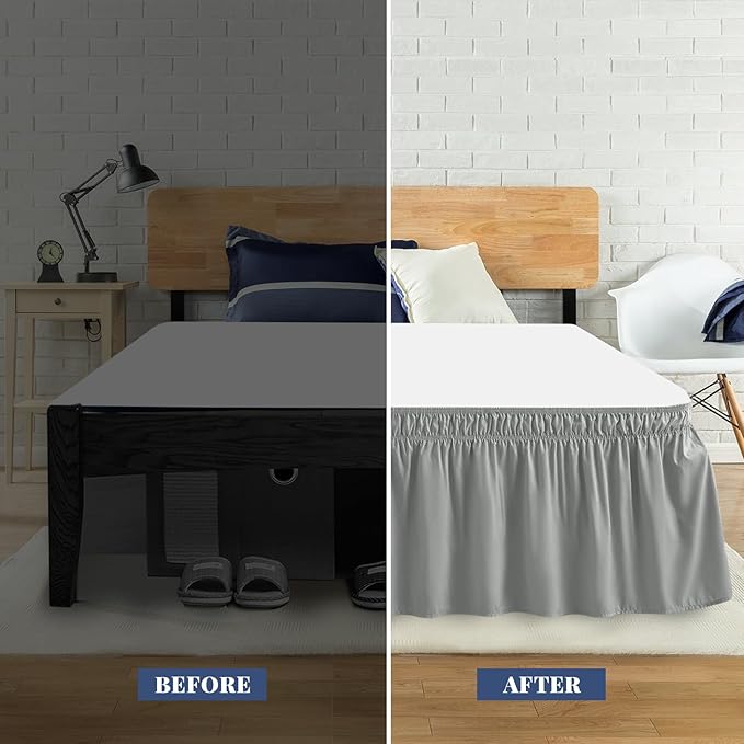 Twin Bed Skirt, Elastic Wrap Around Bed Skirt Twin Size, Bed Skirts for Adjustable Bed, Easy Fit with 18" Drop Length Tailored Drop Dust Ruffle (Drey)