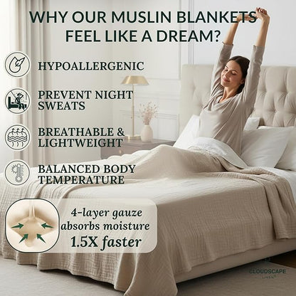 Cloud Scape Linen Oversized 4 Layer Muslin Blanket Twin Size - 100% Cotton, Lightweight & Breathable All Season Gauze, Pre-Washed, for Bed, Couch, fits Twin XL Bed,68x92, Beige Fog