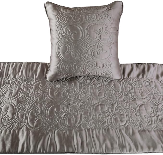 The HomeCentric Decorative Silver CA King 86 x 18 inch Bed Runner with 2 Pillow Cover, Satin Quilted Bed Scarf, Abstract Modern - Silver Soft