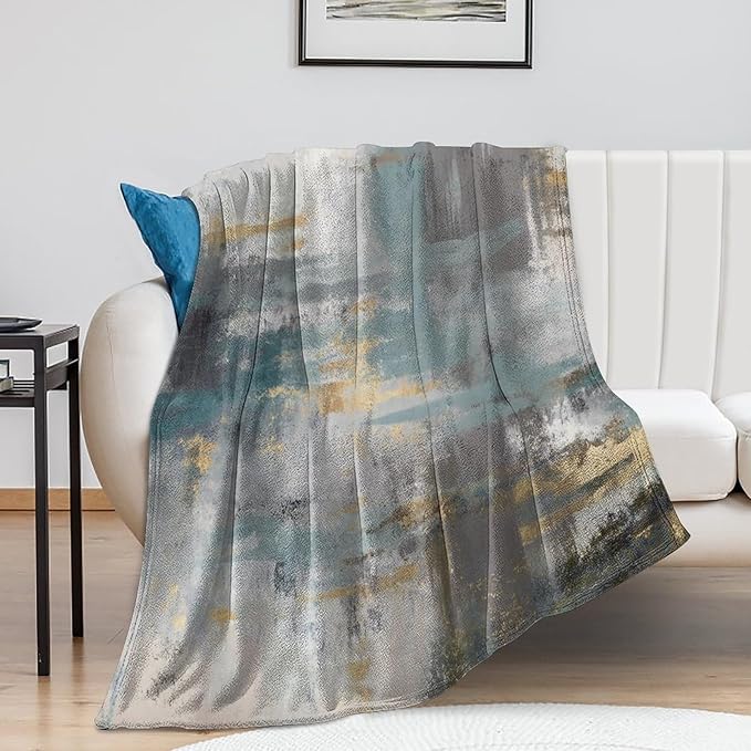 Fashion Gradient Blanket, Modern Art Baroque Gold Grey Green Painting Strokes Pattern Soft Warm Cozy Plush Flannel Covers for Livingroom Bedroom Couch Chair Camping Travel Home Decor Tapestry 50x60in