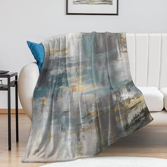 Fashion Gradient Blanket, Modern Art Baroque Gold Grey Green Painting Strokes Pattern Soft Warm Cozy Plush Flannel Covers for Livingroom Bedroom Couch Chair Camping Travel Home Decor Tapestry 40x50in