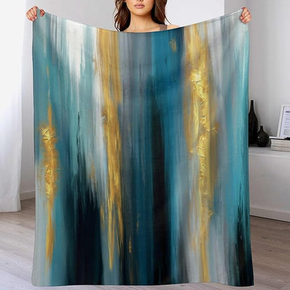 Fashion Gradient Blanket, Modern Abstract Art Gold Lake Blue Painting Strokes Pattern Soft Warm Cozy Plush Flannel Covers for Livingroom Bedroom Couch Chair Camping Travel Home Decor Tapestry 30x40in