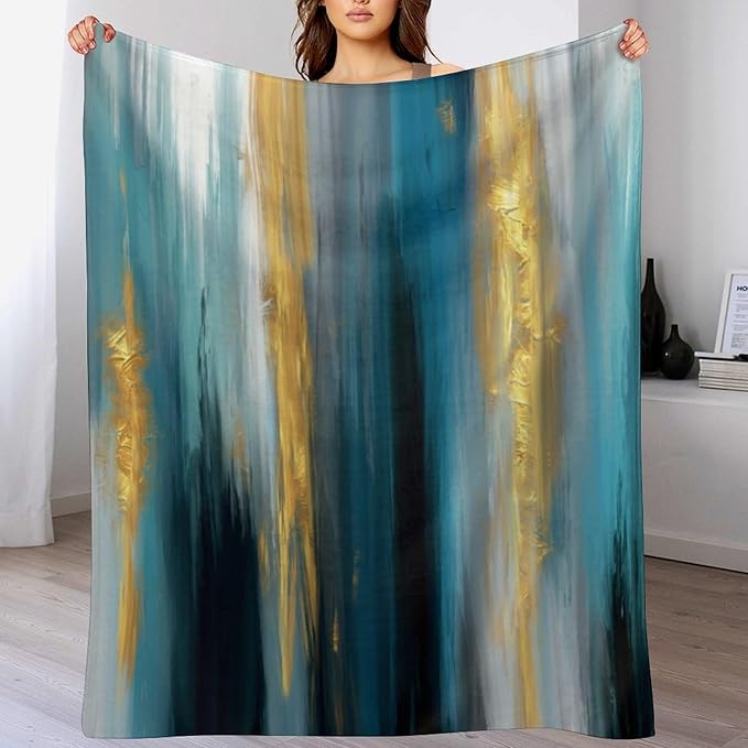 Fashion Gradient Blanket, Modern Abstract Art Gold Lake Blue Painting Strokes Pattern Soft Warm Cozy Plush Flannel Covers for Livingroom Bedroom Couch Chair Camping Travel Home Decor Tapestry 50x60in
