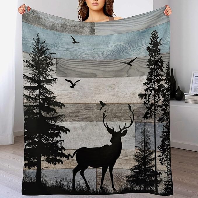 Rustic Deer Throw Blanket, Retro Cabin Farmhouse Country Lodge Blue Brown Wooden Board Wild Forest Animals Deer Bird Print Warm Cozy Blanket for Bed Couch Sofa Travel, 60"x80"