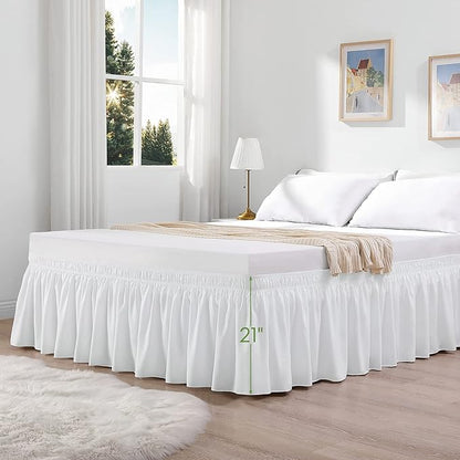 RIMELA White Bed Skirt King Size 21 Inch Drop, Elastic Bed Skirting for Bed Base and Frame, Bedding Dust Ruffle Easy to Install, Lightweight Wrap Around Adjustable Bedskirt