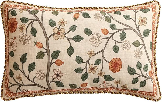 ISAENNE Design Linen Classic Throw Pillow Covers 12"x20", French Farmhouse Rectangle Cushion Covers with Orange White Floral Pattern Decor Pillowcases for Bed,Living Room,Outdoor,Car