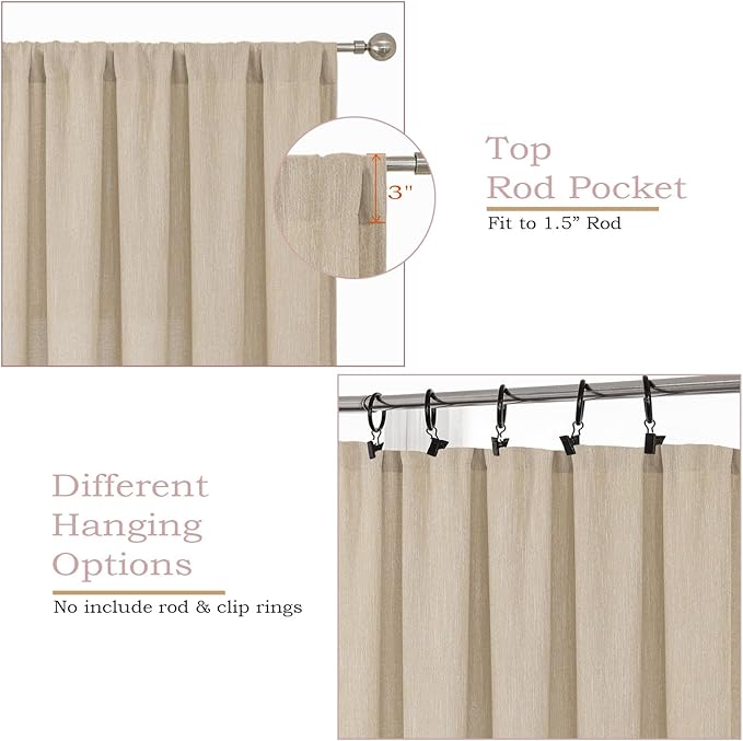 Simplebrand Natural Faux Linen Textured Curtains 63 Inch Length 2 Panels for Bedroom, Semi Sheer Light Filtering Privacy Farmhouse Curtains, Soft Thick Rod Pocket Window Drapes, 40W x 63L Inch