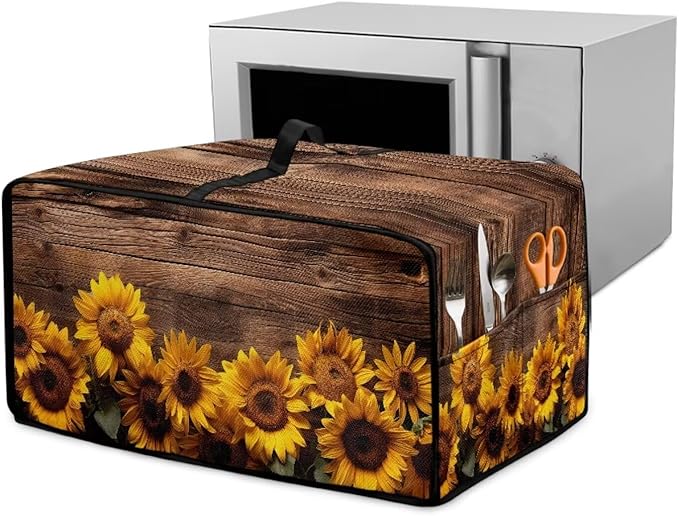 Microwave Oven Cover Vintage Sunflower Wood Grain Print Waterproof Toaster Oven Dustproof Cover Large Size Kitchen Appliance Protector with Storage Bag Machine Washable, S