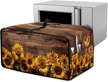 Microwave Oven Cover Vintage Sunflower Wood Grain Print Waterproof Toaster Oven Dustproof Cover Large Size Kitchen Appliance Protector with Storage Bag Machine Washable, L