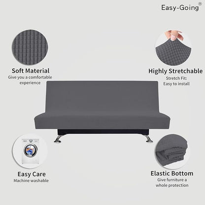Easy-Going Stretch Futon Slipcover Armless Futon Bed Cover Furniture Protector Without Armrests with Elastic Bottom for Kids, Soft Jacquard Fabric Small Checks (Large, Grey)