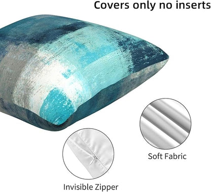 bassyil Teal Grey Abstract Art Painting Throw Pillow Covers Decorative Linen Pillow Cases Set of 2 Square Cushion Cover for Couch Sofa Bedroom 18x18 Inch