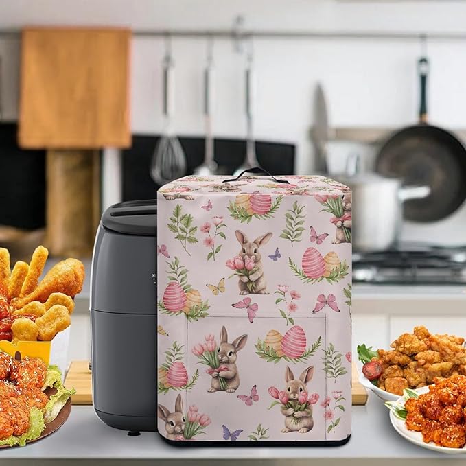 Tulip Floral Bunny Print Air Fryer Cover with Pocket and Top Handle, Happy Easter Decor Kitchen Appliance Protective Cover Electric Appliance Cover for Air Fryer