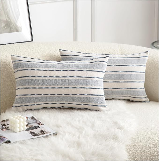 Decorative Boho Lumbar Throw Pillow Covers, Farmhouse Textured Pillow Case, 12 x 20 Inch Set of 2, Chair Sofa Bedroom Living Room Home Decor Couch Cushion Case, Classic Blue and Beige