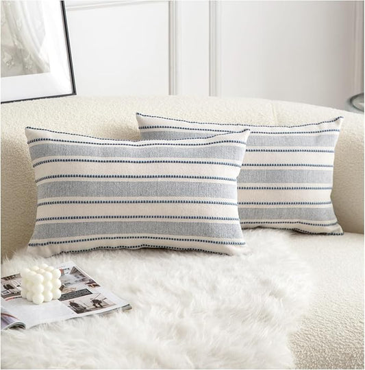 Decorative Boho Lumbar Throw Pillow Covers, Farmhouse Textured Pillow Case, 12 x 20 Inch Set of 2, Chair Sofa Bedroom Living Room Home Decor Couch Cushion Case, Classic Blue and Beige