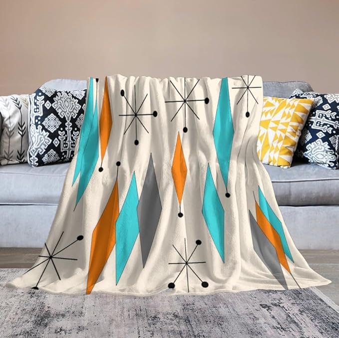 Mid Century Flannel Throw Blankets, Mid Century Modern Geometric Atomic Shapes Orange Retro Style Boho Print Blanket for Bed Couch Sofa Fuzzy Tv Throws 50"x60"
