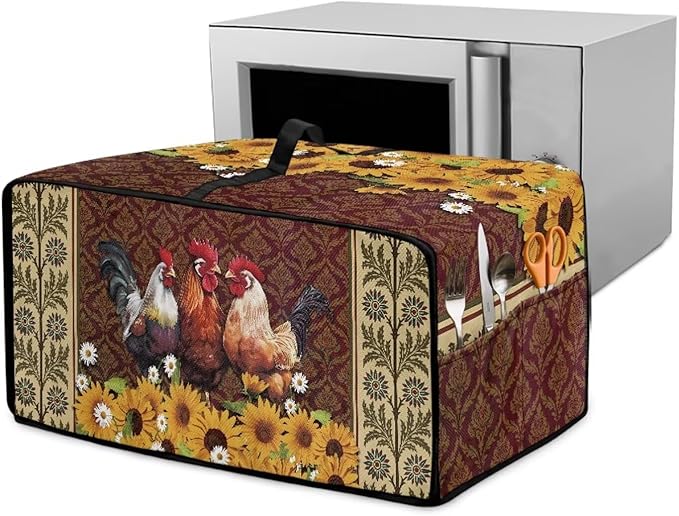 Microwave Oven Cover Waterproof Heavy Duty Microwave Oven Dust Cover with Storage Pockets Reusable Decor Accessories for Kitchen, Vintage Rooster Chicken Sunflower Daisy Floral Print, L
