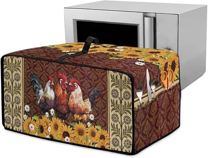 Microwave Oven Cover Waterproof Heavy Duty Microwave Oven Dust Cover with Storage Pockets Reusable Decor Accessories for Kitchen, Vintage Rooster Chicken Sunflower Daisy Floral Print, L