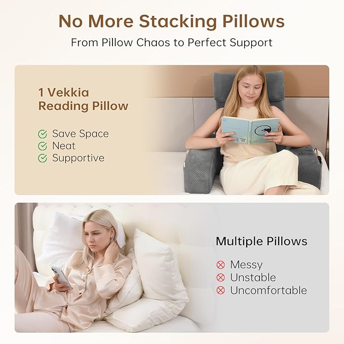 Vekkia Reading Pillow,Back Pillow for Bed Sitting Up Adult,Backrest Support Pillow with Build-in Arms & XL Pockets,Rest Chair for Reading,Gaming,Relaxing,Working or Watching TV in Bed/Floor-19'' Grey