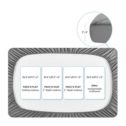 TILLYOU Pack and Play Sheet - Soft Quilted Crib Cover Pad, Toddlers Mattress Protector with 1''-3'' Deep Pocket, Thick Play Yard Playpen Sheets, Breathable Fluffy Crib Mattress Pad, 39"x27", Grey